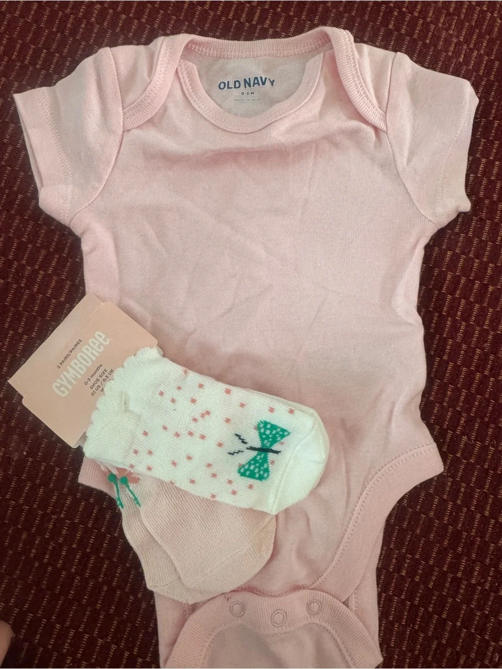 Old Navy Light Pink Baby One-Piece Bodysuit with White Polka Bow Socks